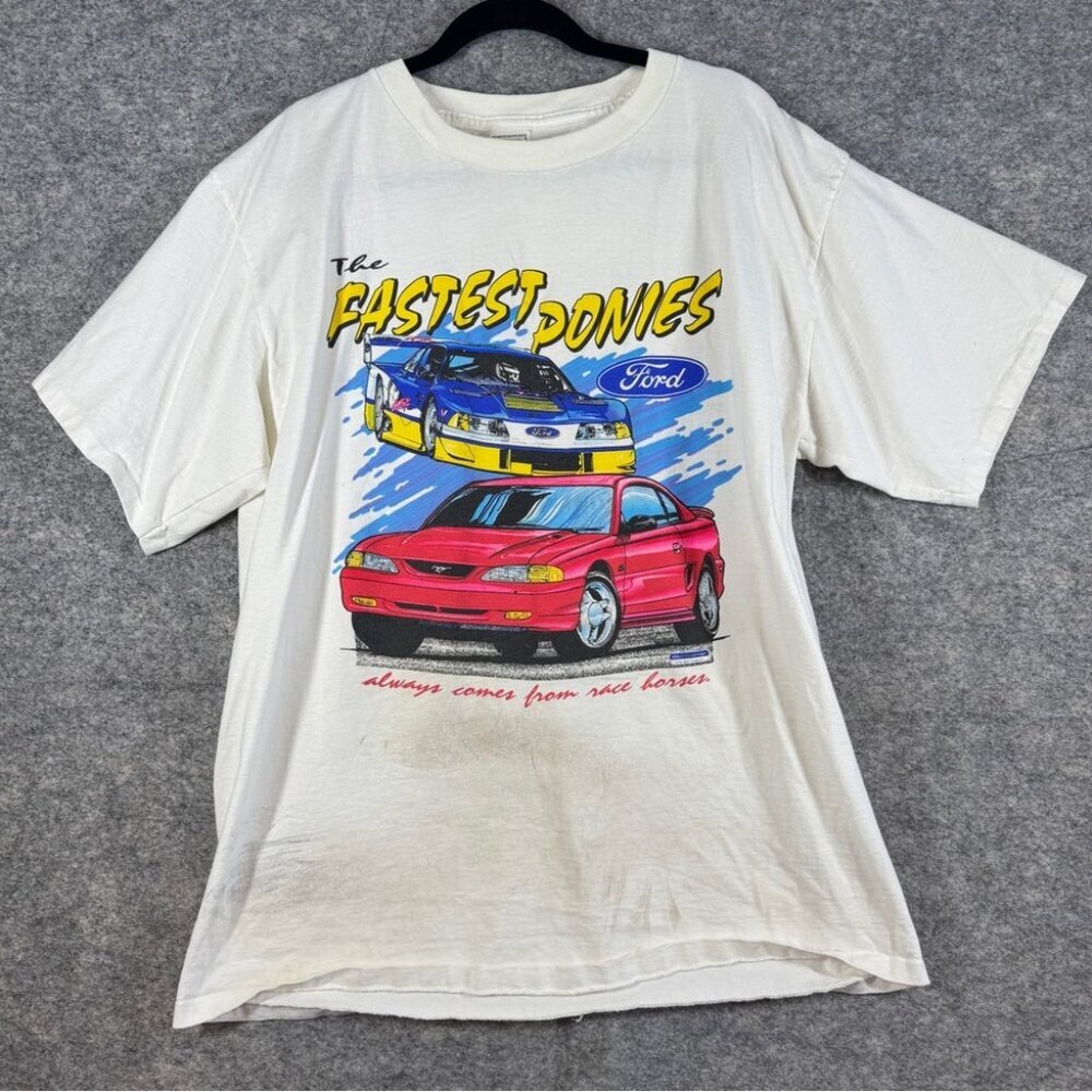 Vintage Ford Mustang Graphic T Shirt Cream Men’s XL Cars USA Made - Picture 2 of 16